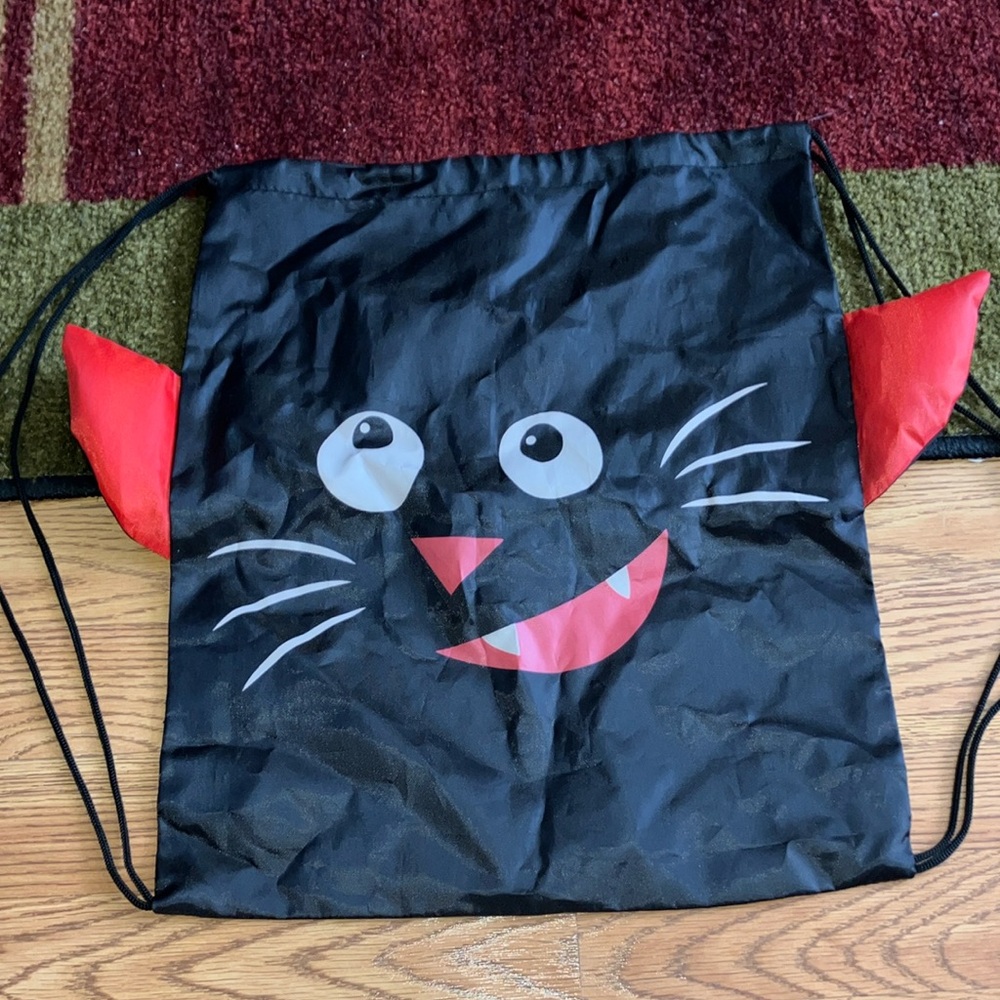 Black Cat Drawstring Bag with Red Ears